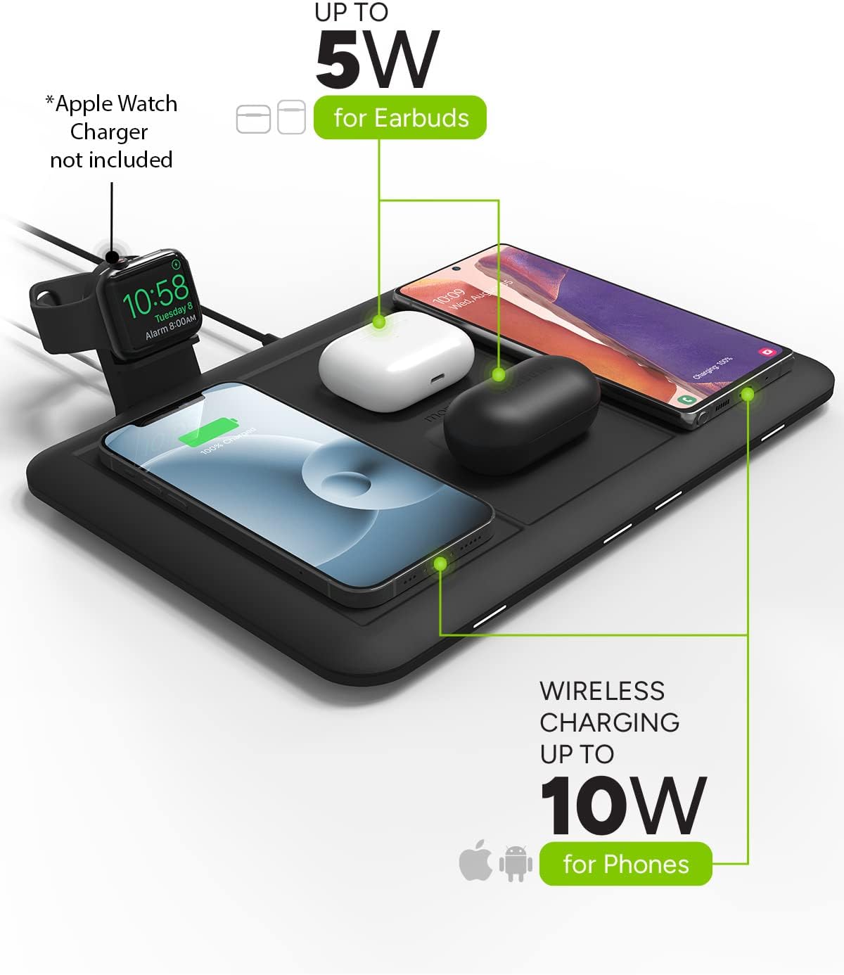 Mophie 4-in-1 Wireless Charging Mat for Apple iPhone, AirPods & Watch, Samsung Galaxy, Google Pixel, and All Qi-Enabled Devices, Additional USB-A Port, Intuitive Design, Includes Apple Watch Stand
