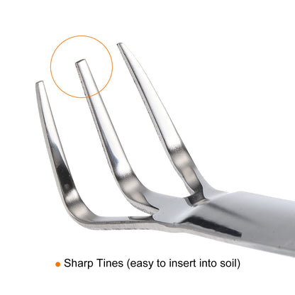 PATIKIL Root Rake, Stainless Steel 3 Prong Thickened Non-Slip Handle Loosening Soil Cultivator with Spatula for Backyard Bonsai Pot Planting, Silver