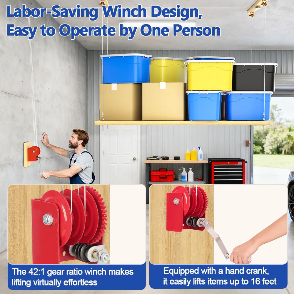 TooTaci Overhead Garage Storage Lift with 3/16 Steel Cable & Winch, Heavy Duty Ceiling Mounted Garage Storage Lift System for Organization, 300lbs Weight, Supports 8-16ft Ceilings (Deck Not Includ)