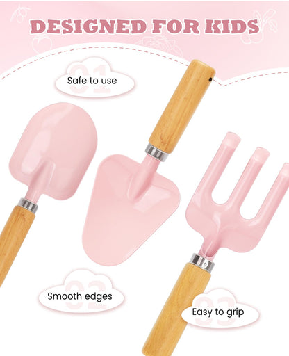 Kids Gardening Set, Gardening Tools Kit for Kids and Toddler, Includes Wooden Rake, Two Shovels, Gloves, Watering Can, Apron, and Tote Bag, Outdoor Toys for Girl Boy, Pink