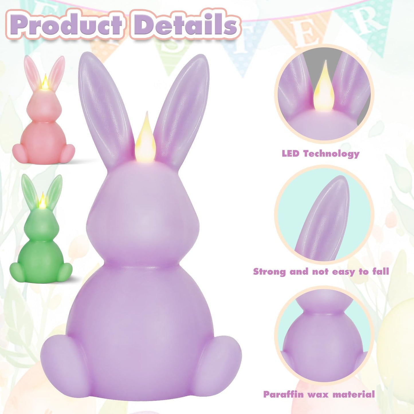Leorate 6PCS Easter Bunny Flameless Candles – 7.5" Battery Operated LED Rabbit Candles with Flickering Flame, Green Purple Pink Real Wax Finish for Easter Decor, Table Centerpiece & Spring Home