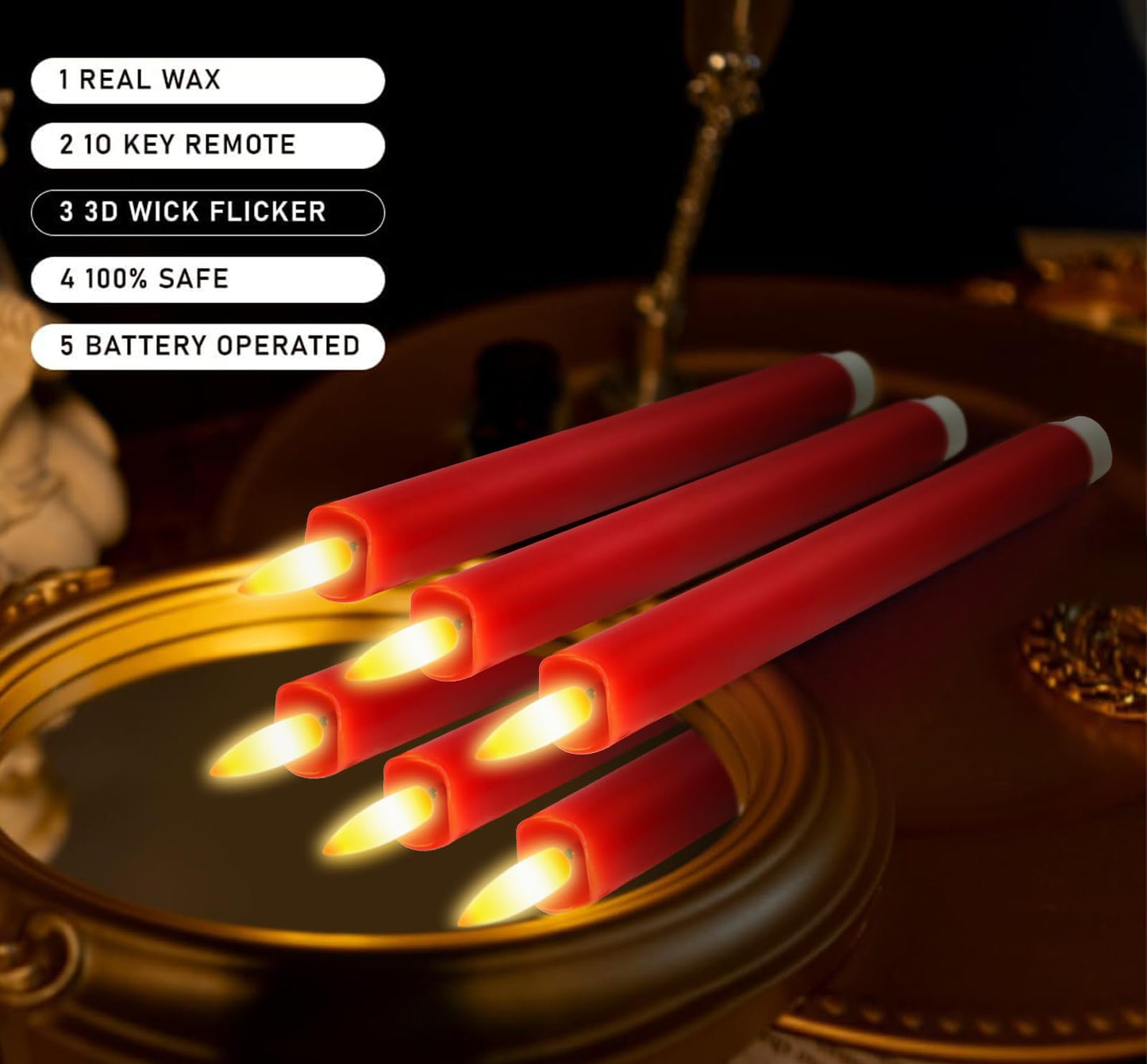 KSWING Upgraded Real Wax LED Flameless Red Taper Candles with Remote, 6 PCS Candlesticks Battery Operated 3D Flickering - 9.6" Long Realistic Fake Candle Sticks for Home/Wedding/Fireplace Xmas Decor