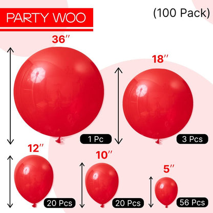 PartyWoo Red Balloons, 100 pcs Matte Balloons Different Sizes Pack of 36 Inch 18 Inch 12 Inch 10 Inch 5 Inch Latex Balloons for Balloon Garland or Balloon Arch as Party Decorations, Red-Y57