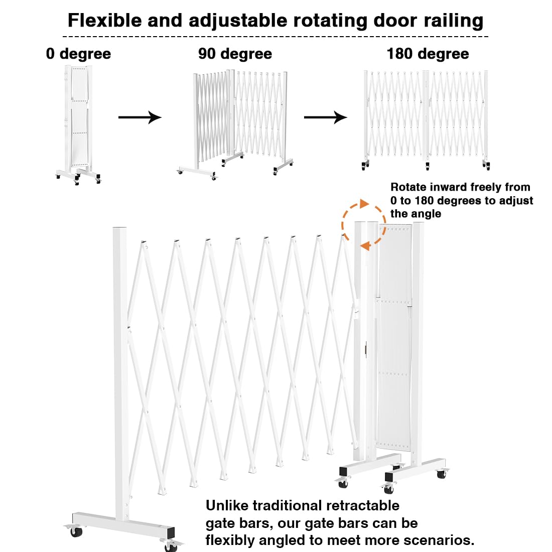 Expandable Driveway Gate, Portable Barricade Gate with Casters, Metal Folding Security Gate, 209" Wide Aluminum Expandable Garden Fence, Outdoor Dog Fence for Yard (White, 213)