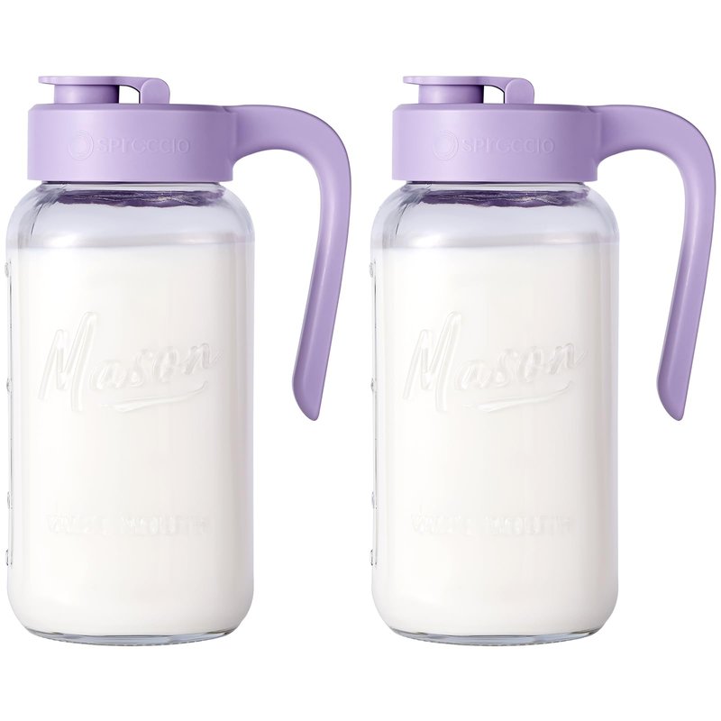 Spreccio Mason Jar Pitcher - Airtight & Leakproof Glass Pitcher with Lid[set of 2], Perfect for Breastmilk, Cold Brew, and Sun Tea, 2 Quart (64 oz) Mason Jar with Pour Spout Lid