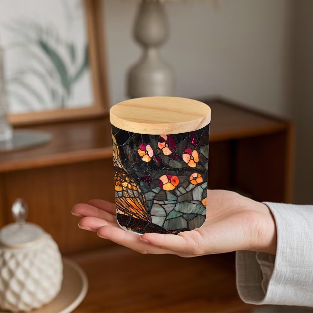 Stained Glass Owls Tea Light Candle Holders, Spring Blossoms Tealight Candle Holder Jar with Wooden Lid, Votive Candlesticks for Table Centerpieces, Christmas,Birthday Party,Home Decor