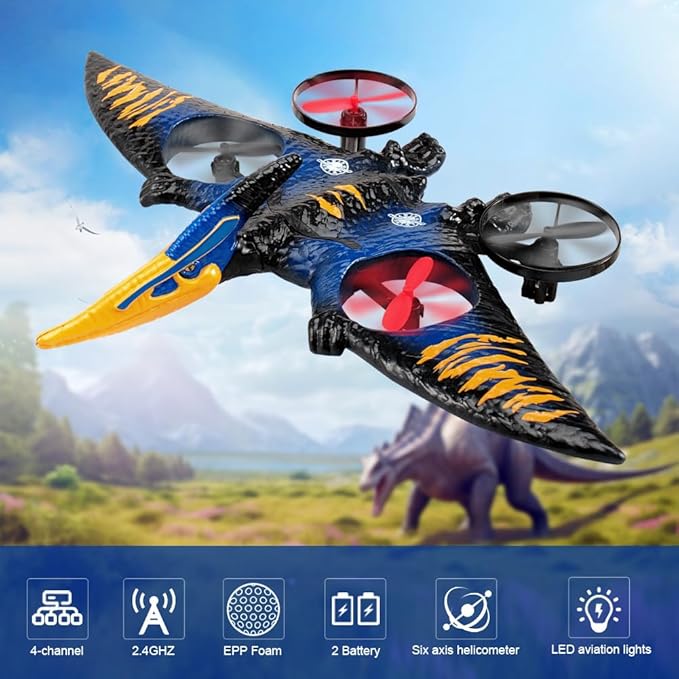 Dinosaur Remote Control Drone 2.4G EPP Foam RC Pterodactyl Hobby RC Airplanes with 6-Axis Gyro One Key Takeoff Landing Stunt Roll &amp 360 Flip Fighter Jet Toy Christmas Birthday Gift for Boys Gi