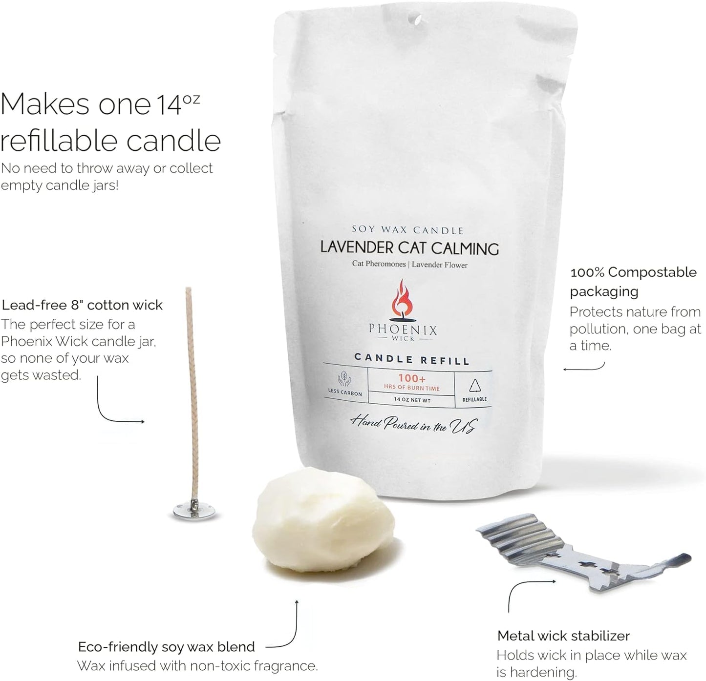 Phoenix Wick Candle Making Kit - New Soy Wax & Wick for Your Luxury 14oz Candle Jar - Adds 100 Hours Burn Time (Lavender Cat Calming)