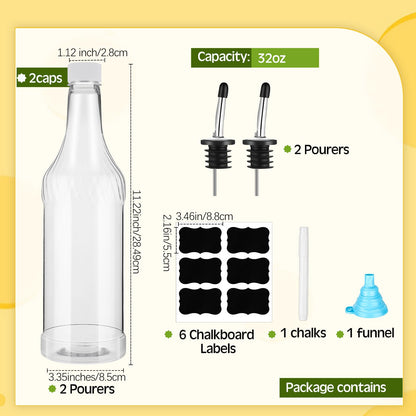 Dandat 32 oz Plastic Long Neck Bottles with Pourer and Caps Plastic Juice Pour Bottles with Stainless Steel Pourer Tapered Spout for Liquor Juice(Silver,4 Pcs)