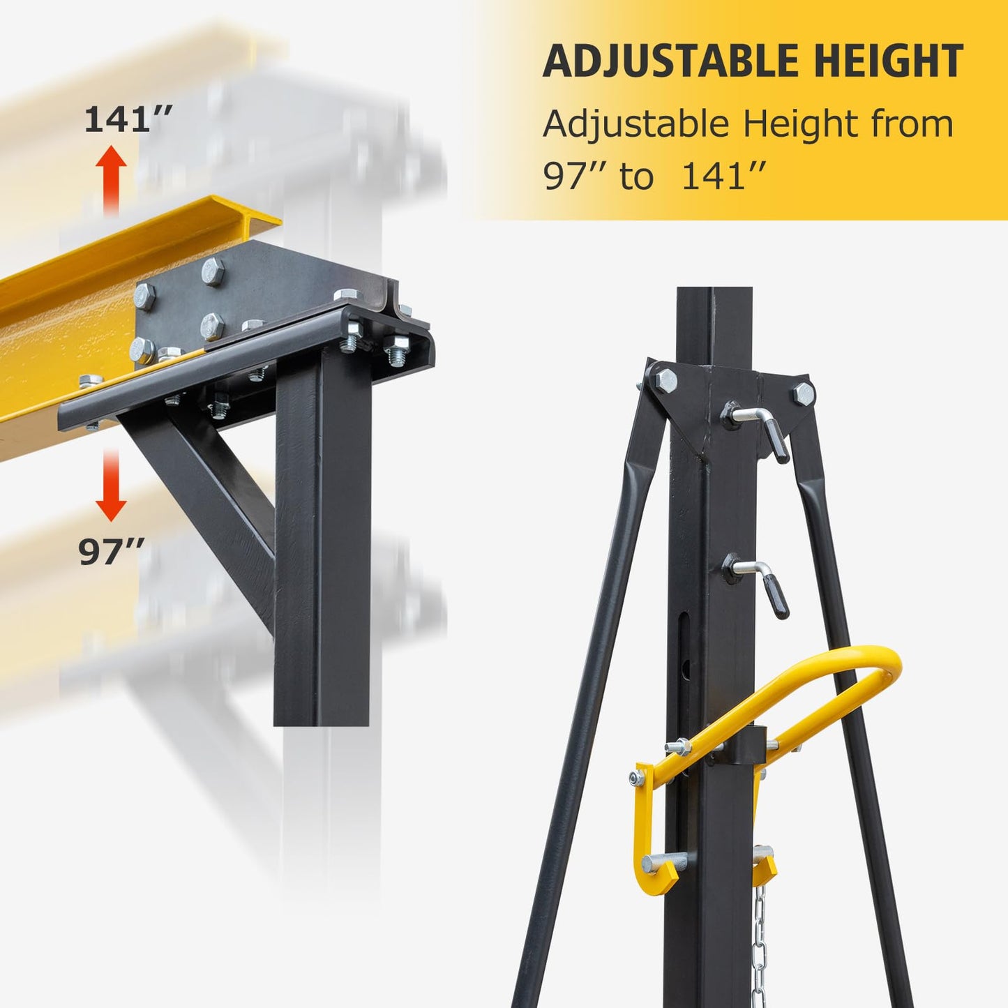 ExploreHorizon Adjustable Gantry Crane, 1 Ton Portable Lift Hoist with Height Range of 97" to 141", 2200 Lbs Load Capacity, Perfect for Factories, Construction Sites, Warehouses, and Auto Repairs