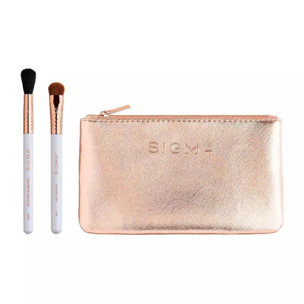 Sigma Beauty Glam ‘N Glow Mini Eye Makeup Brush Set – Set of 3 Eye Makeup Brushes for Blending, Shading, Lining, and Smudging, Includes Stylish Black Small Makeup Bag (4 Pcs)