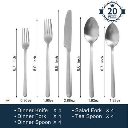 KINGSTONE Silverware Set, 20 Piece Flatware Cutlery Set for 4, 18/10 Stainless Steel Silverware Mirror Polished Dishwasher Safe for Home, Restaurant, Wedding, Party, Matte Silver