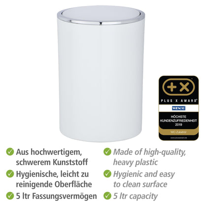 WENKO Inca Trash Can with Lid, Waste Bin with Swing Lid, Small Trash Can, Mini Trash Can, Small Garbage Can, Small Waste Basket, 1.3 Gal, Ø 7.28 x 10.04 in, White
