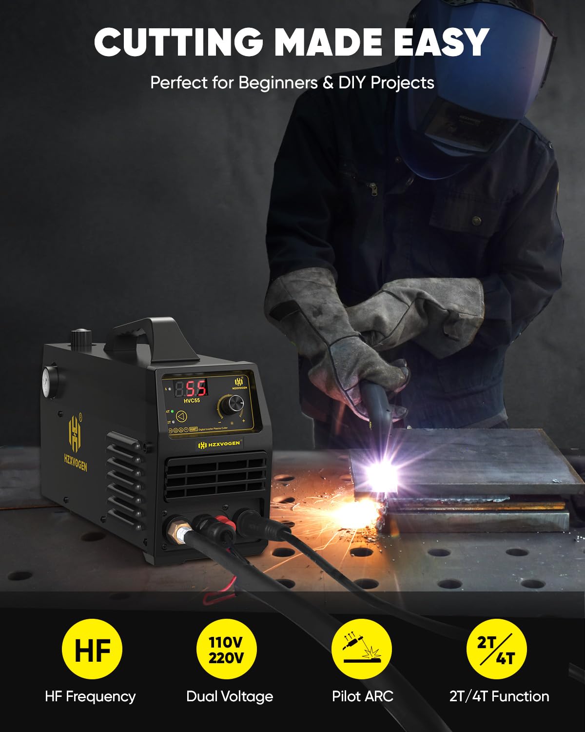 H HZXVOGEN Plasma Cutter 55A Non Touch Pilot Arc Plasma Cutters 110/220V Dual Voltage, Digital Display DC IGBT Inverter HF Air Plasma Cutting Machine, 1/2" Clean Cut 4/5" Max Cutting & 2T/4T(HVC55)