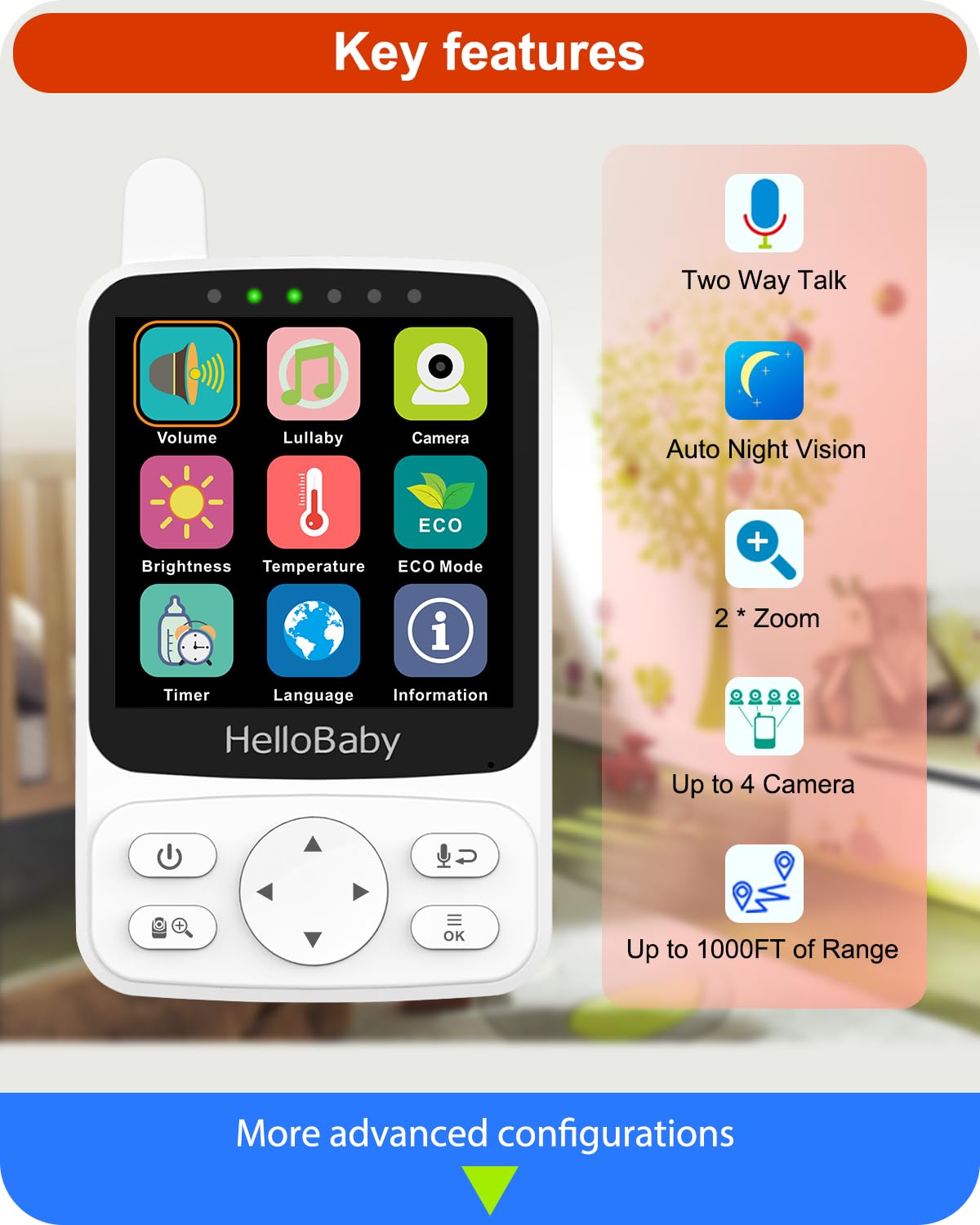 HelloBaby No WiFi Baby Monitor with Voice-Activated Night Vision,4" IPS Camera and Audio, 2-Way Talk and PTZ, 26H Battery and 1000ft Range, Portable for Nursery and Travel