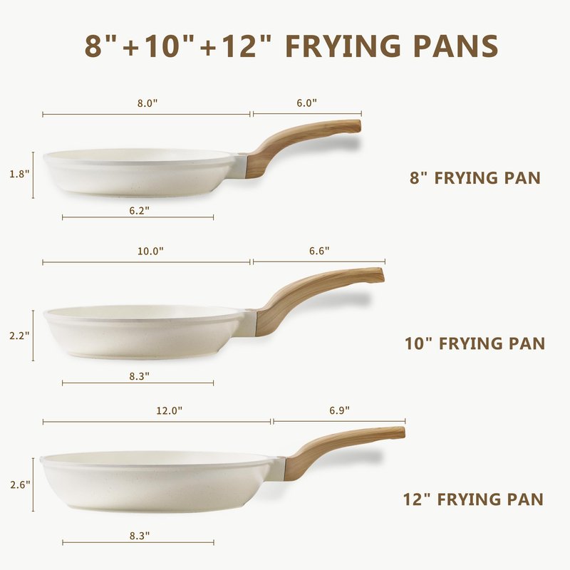 CAROTE Non Stick Frying Pans Set,Nonstick Granite Fry Pan Egg Pan Omelet Pans, Stone Cookware Chef's Pan, PFOA Free,White Granite, 8"+10"+12"
