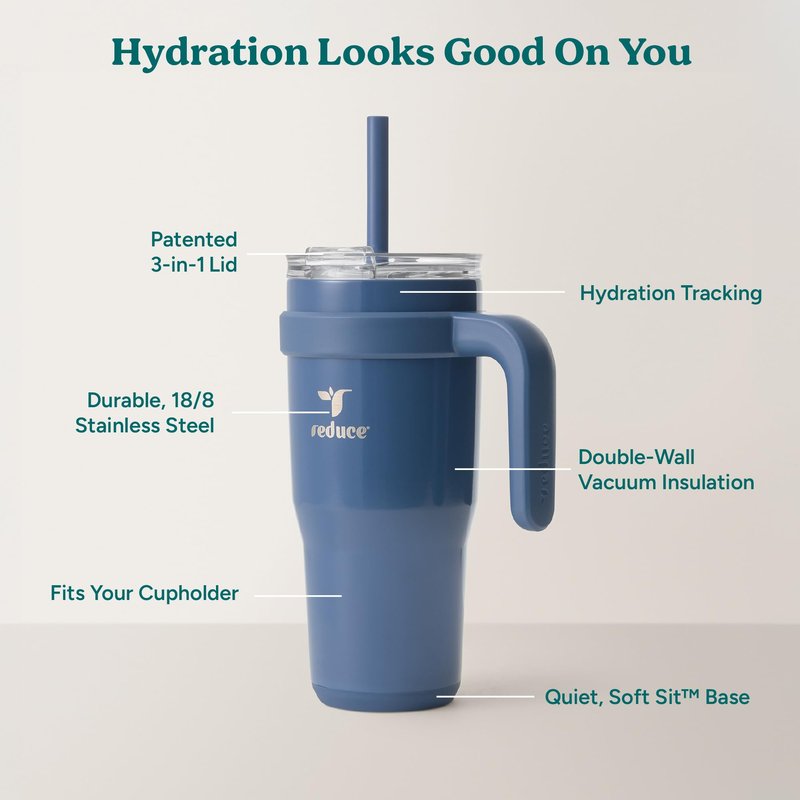 Reduce 24 oz Stainless Steel Tumbler with Handle - Dual-Wall Vacuum Insulated Travel Mug, Sweat-Proof Lid & Reusable Straw - Keeps Drinks Cold for 24 Hrs, Fits Cupholders, Dishwasher Safe-Mineral Blue