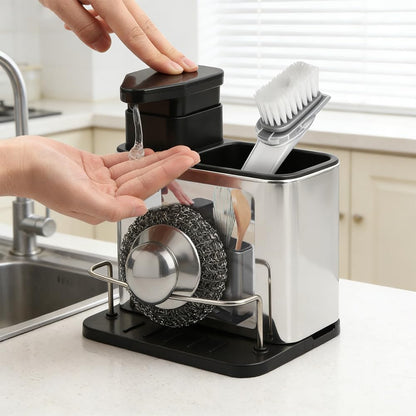 3-in-1 Dish Soap Dispenser, Sponge Holder for Kitchen Sink Caddy, Organizer Dish Soap Dispenser with Cleaning Brush and Tray Drainer Rack Countertop