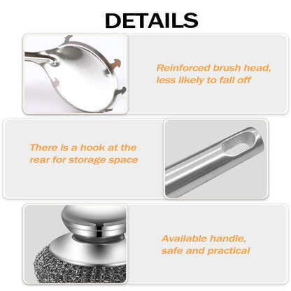 Heavy Duty Stainless Steel Scrubber Set - Long & Short Handle with 5 Steel Wool Pads, Cast Iron & Pot Scrubber for Dishes, Pans, Grills, Stoves