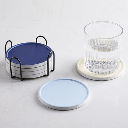 Hoomey Set of 6 Beige and Blue Coasters with Holder, Absorbent Ceramic Drink Coasters with Cork Backing for Table Protection, Table Decor, Housewarming Gifts
