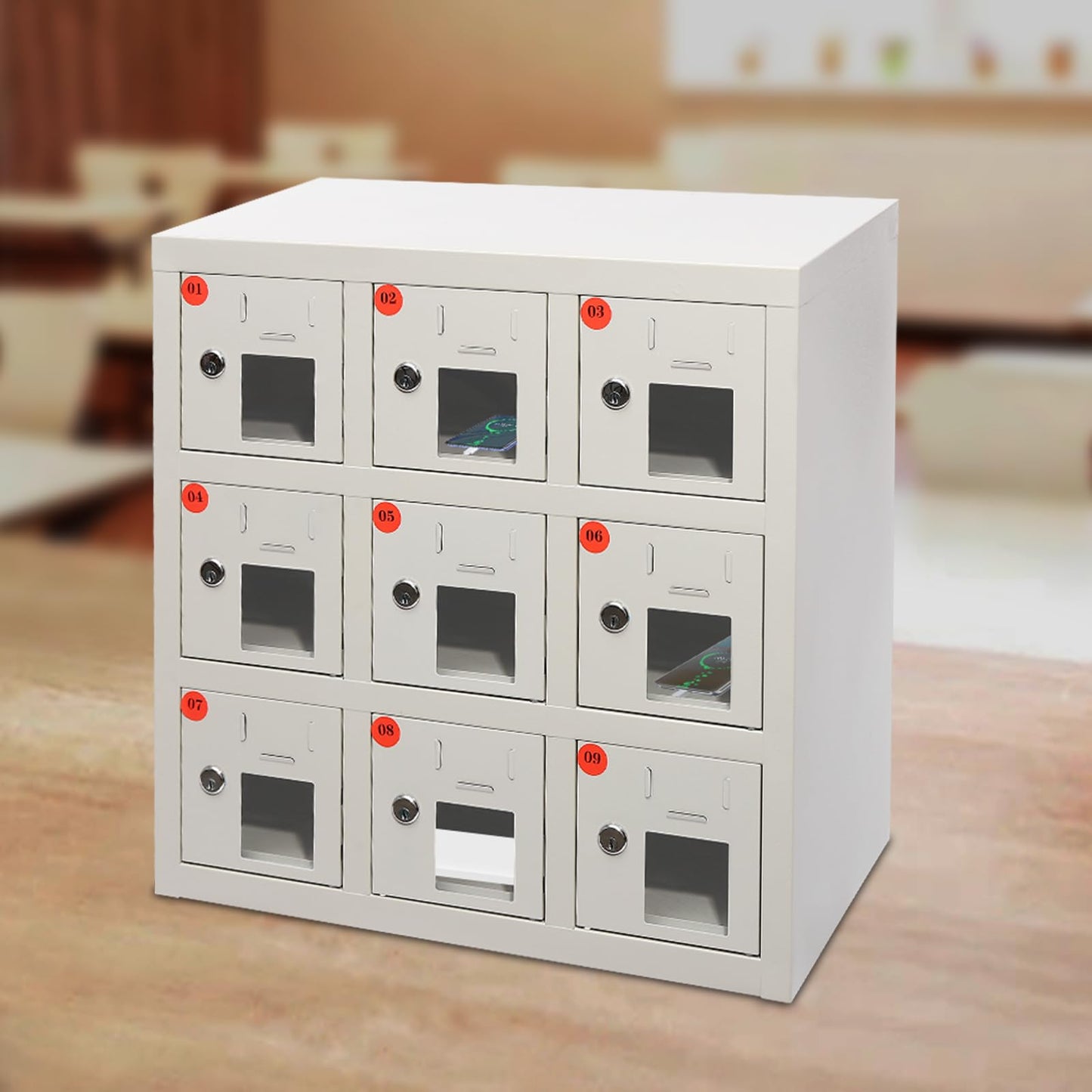 QUEWATSA 9 Slots Cell Mobile Phone Steel Locker with Lock, Cell Phone Locker with Charging Station, Cellphone Locker for Schools, Conference Rooms, and Offices