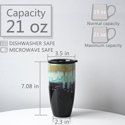 Bosmarlin Ceramic Travel Coffee Mug with Lid, 21 oz, Portable Coffee Cup for Car Cup Holder, Microwave and Dishwasher Safe, Reactive Glaze