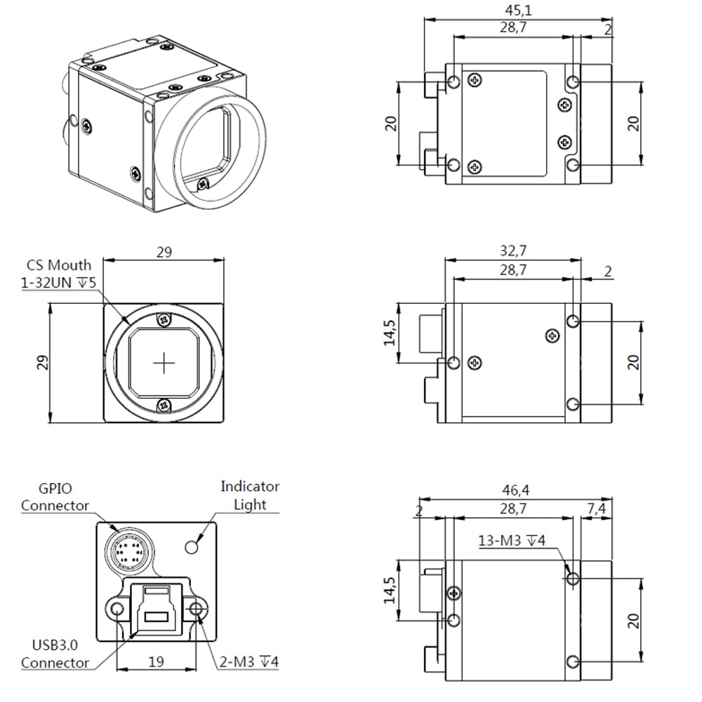 High Speed USB3.0 Monochrome 5.0MP 2/3" Industrial Camera Machine Vision Global Shutter C-Mouth Area Scan Camera 2448x2048 40FPS