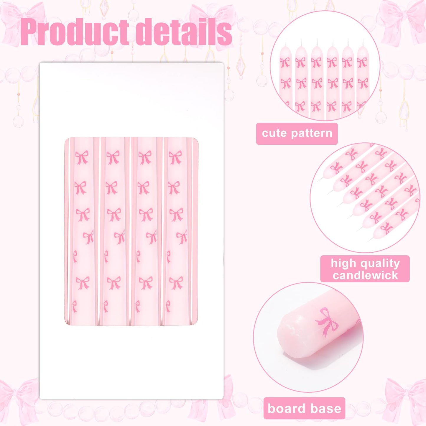 JarThenaAMCS 6Pcs Valentine's Day Taper Candles 10 Inch Pink Bow Decorative Candles Long Unscented Candle Sticks for Holiday Birthday Wedding Baby Shower Party Home Table Decor
