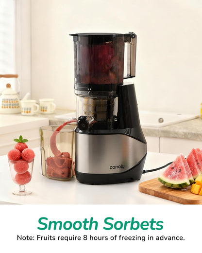Canoly C09 Cold Press Juicer, 6" Extra Wide Feed Chute, 3-IN-1 Strainers (Juice & Sorbet & Nut Milk), Powerful AC Brushless Motor, Self Precut System, Juicer Machines with BPA-Free (Classic)