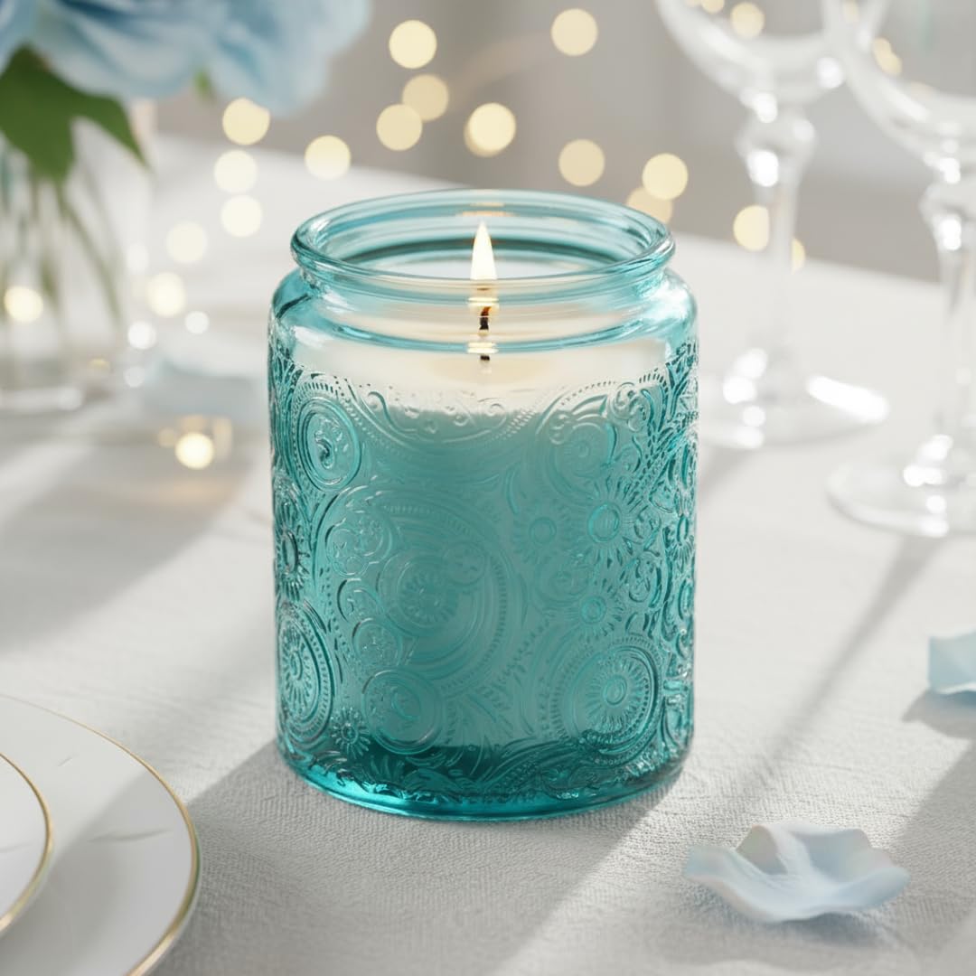 9-Pack 8oz Embossed Glass Candle Container with Bamboo Lids and Labels, Blue Candle Jars for Making Candles, Sun Moon Star Design