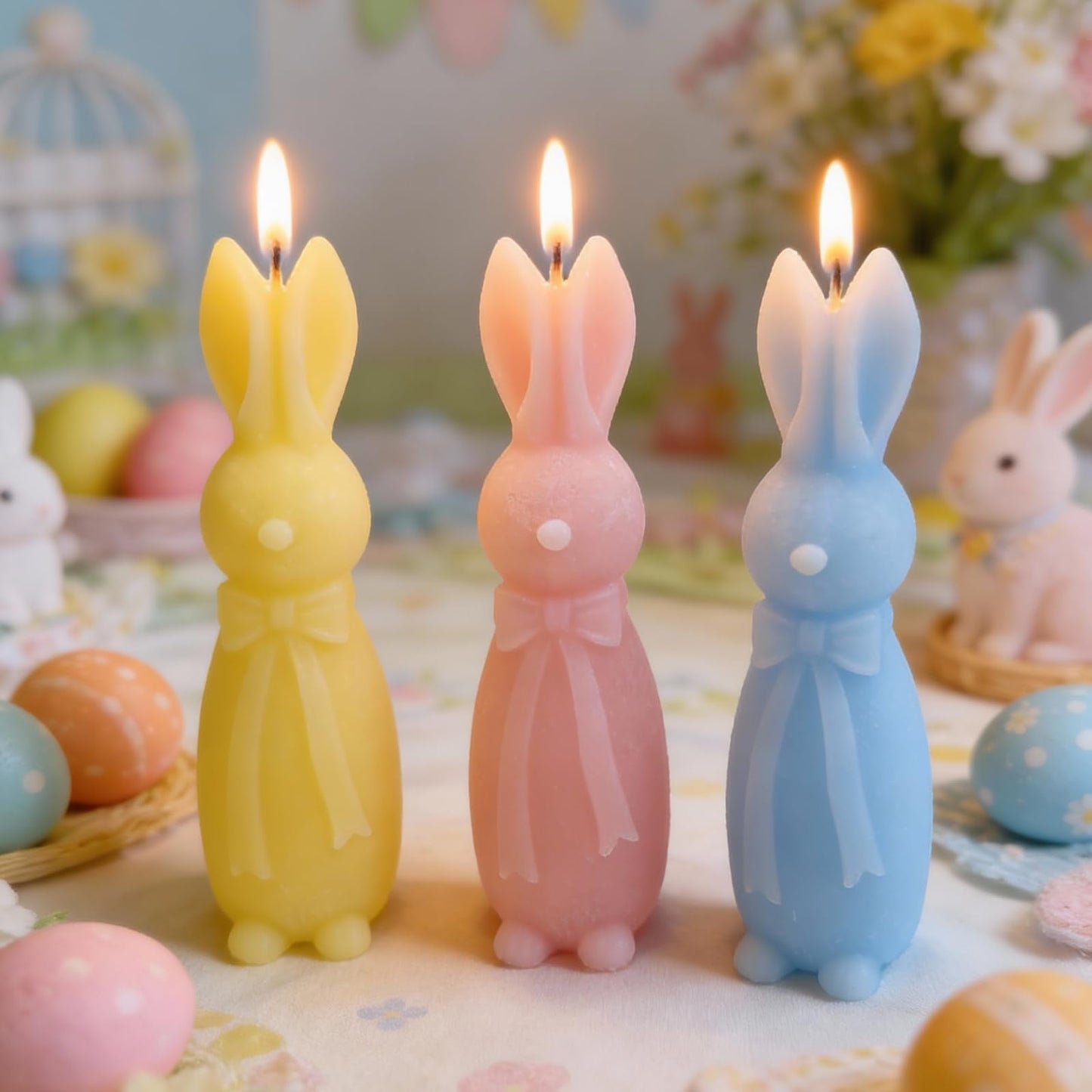 Lounsweer 3 Pcs Easter Bunny Candle Scented 5.7 Inch Pastel Mini Rabbit Shaped Votive Easter Flower & Fruit Scented Pillar Candle for Home Table Shelf Living Bedroom Party Gifts, Macaron Color
