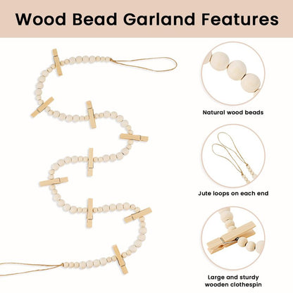 KLOGTSIND Hanging Photo Display Wall Decor, 2PCS Boho Wooden Bead Garland Collage Picture Frame with 9 Wood Clips for Bedroom, Living Room, Office, Dorm Decor, Photos Holder Teen Girl Gifts