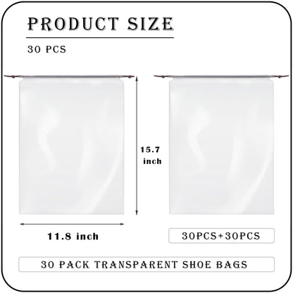 MZYIWUU 30 Pack Clear Shoe Bags for Travel, Transparent Waterproof Drawstring Dust Bags (11.8” x 15.7”) for Packing, Shoe Organization & Storage – Ideal for Men & Women