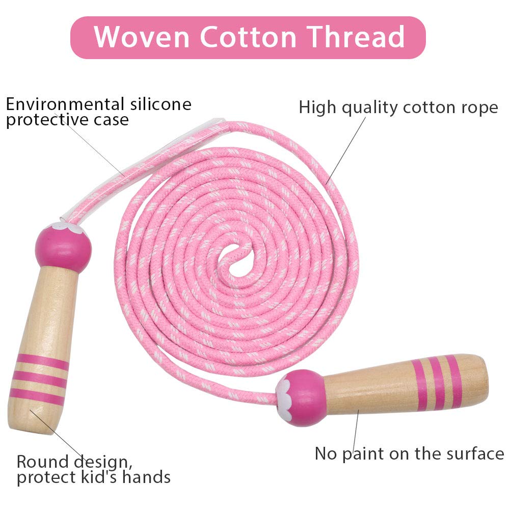 Jump Rope Kids, 7ft Adjustable Cotton Skipping Rope with Wooden Handle for Boys and Girls Fitness Outdoor Exercise