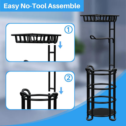 Skiennix Toilet Paper Holder Stand - Free Standing Tissue Roll Storage Rack with Shelf | Black