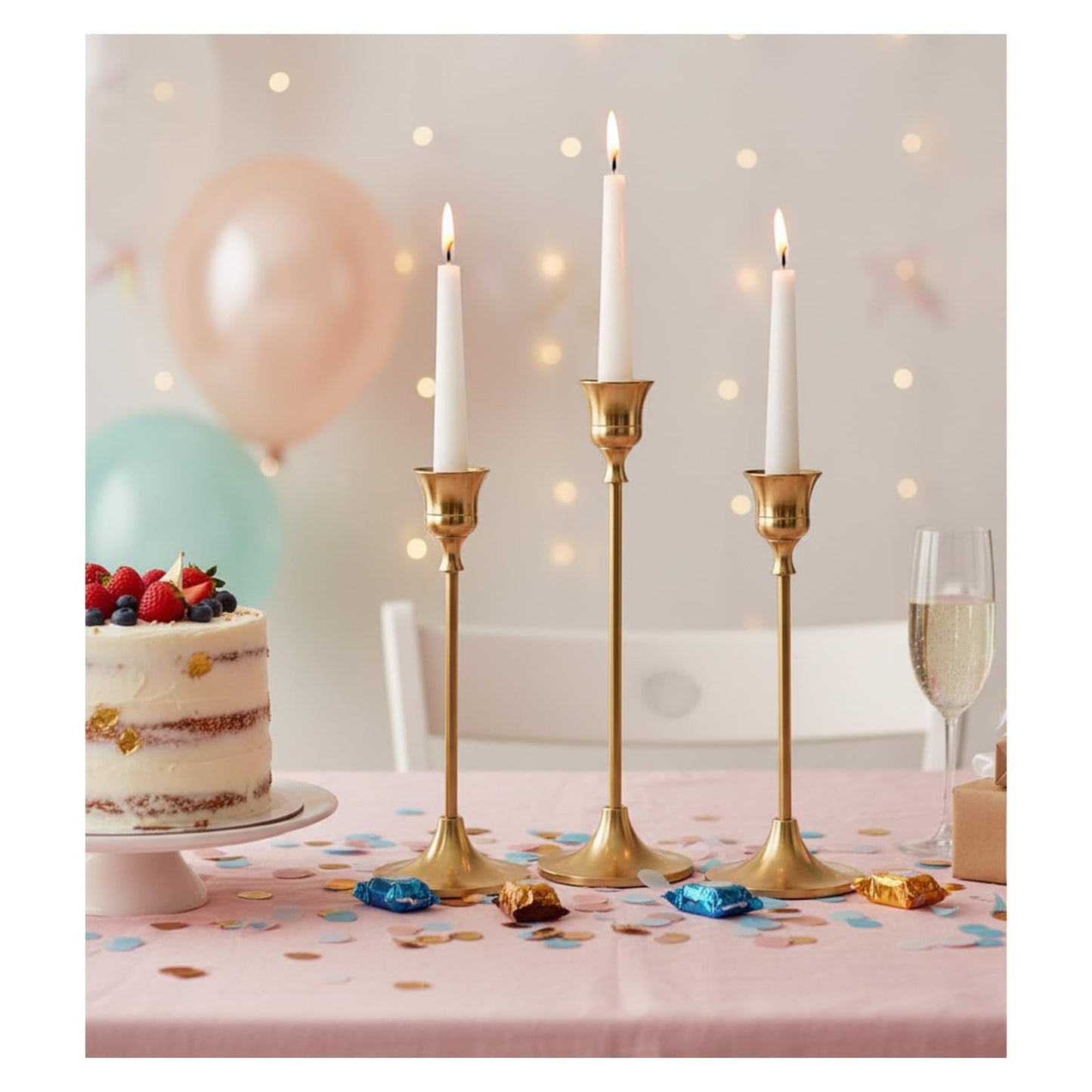Candle Holder, Modern Minimalist Brass Gold Metal Candlestick Holders, Set of 3 Tall - Elegant Taper Candle Holders for Table Centerpiece, Wedding, Dinner Party Home Decor