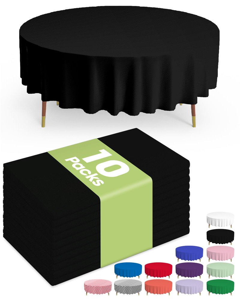 Pureegg Plastic Table Cloth Disposable 10 Pack, 84'' Round Table Cloths, Halloween Party Decorations, Summerween Decor, Halloween Tablecloths, Round, Plastic Cover, Leakproof & Sturdy, Black