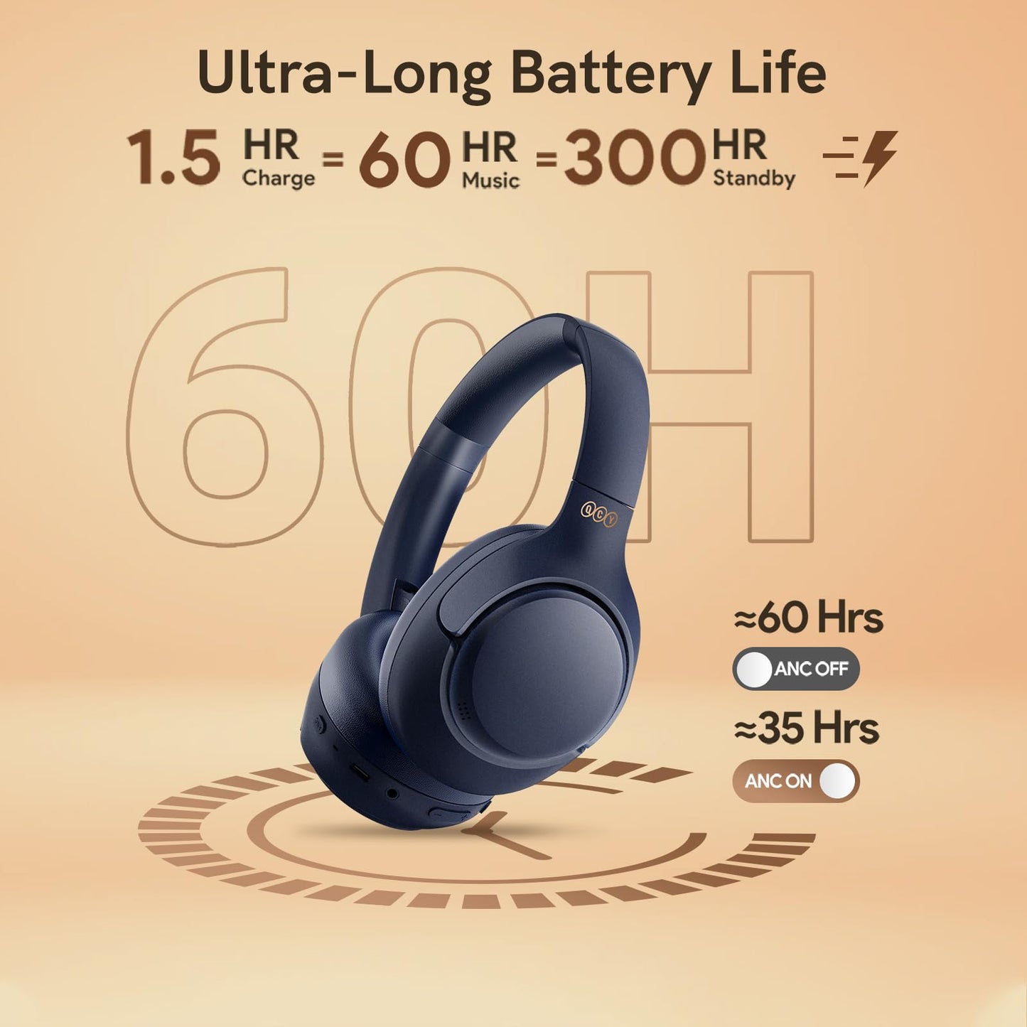 QCY H3 ANC Bluetooth Headphones Over Ear, Active Noise Cancelling Bluetooth 5.4 Headphones with Microphones, Hi-Res Audio Sound, Multipoint Connection, 60H Playback, Custom EQ via App(Blue)