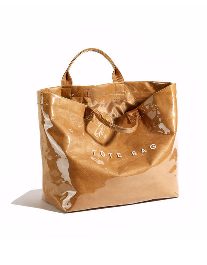 LuxMall PVC Tote Bag for Women Large Tote Purse Kraft Paper The Letters Print Bag Hobo Handbag with Top Handle for Work Travel Shopping Beach, Khaki Brown