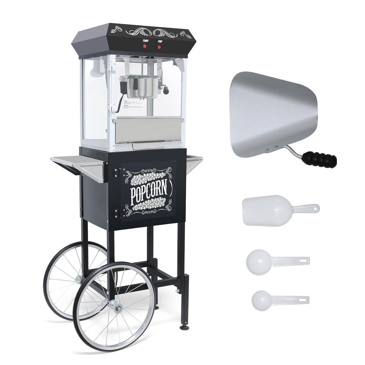 Trygoal Popcorn Machine with Cart, Popcorn Popper with 8 Oz Kettle Makes Up to 32 Cups, Nostalgia Professional Cart with Warming Deck and Old Maids Drawer, Movie Night Supplies for Home, Black