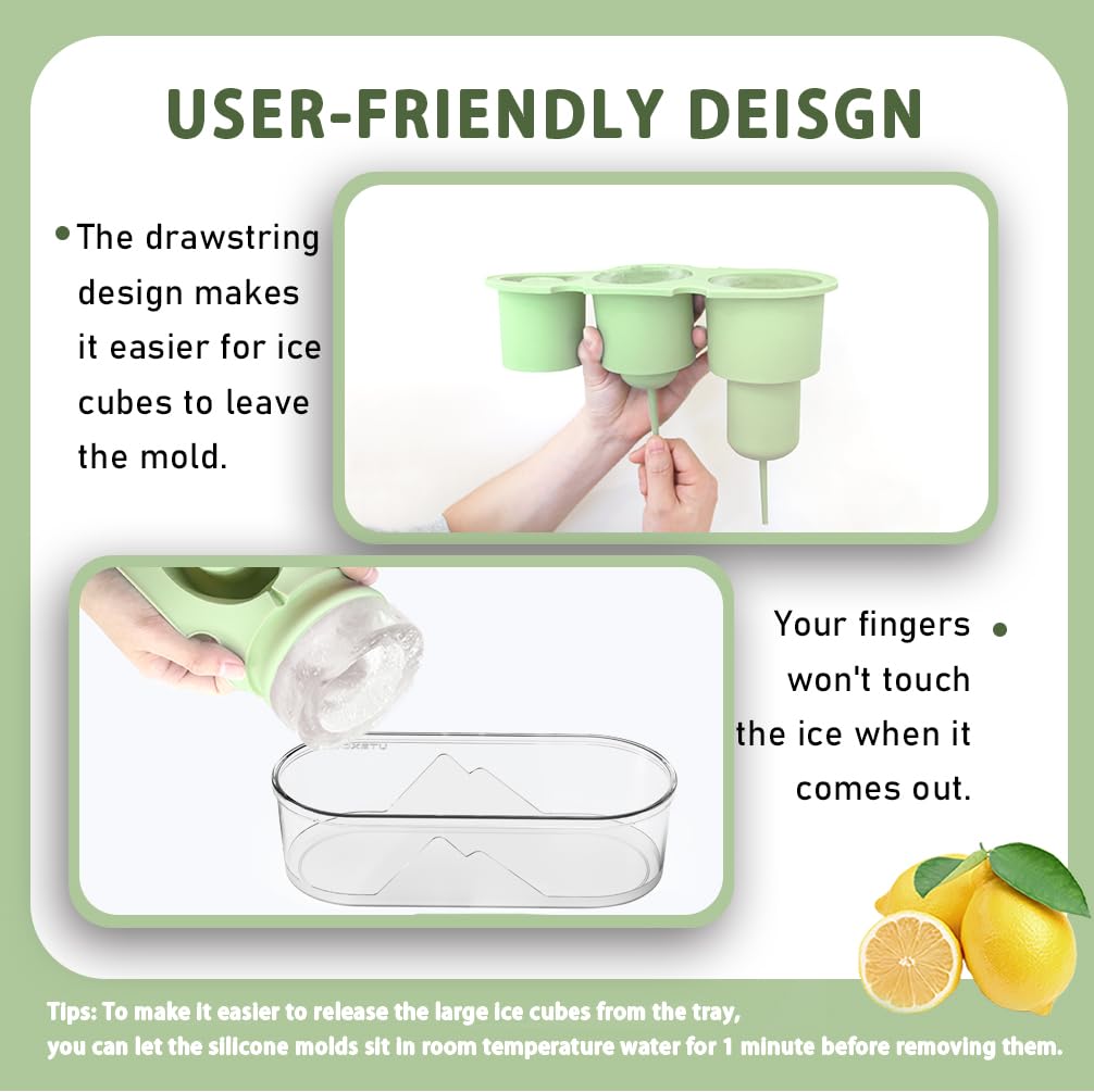 NOXETU Ice Mold for Stanley Cup 30/40 Oz - Easy Fill and Release Without Touching Ice, Silicone Ice Cube Tray with Clear Lid and Bin for Freezer, Whiskey, Cocktail (Green)