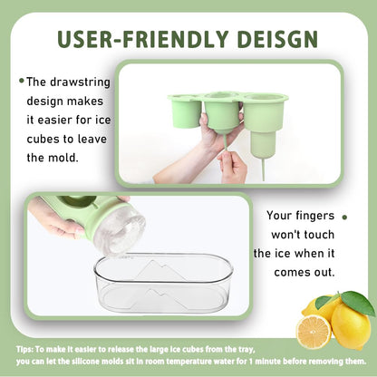 NOXETU Ice Mold for Stanley Cup 30/40 Oz - Easy Fill and Release Without Touching Ice, Silicone Ice Cube Tray with Clear Lid and Bin for Freezer, Whiskey, Cocktail (Green)
