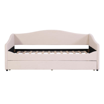 Twin Size Teddy Fleece Upholstered Daybed with Trundle and LED Lights, Daybed Frame with Stripe Design, Soft Fabric Sofa Bed with Slat Support, Space Saving Bed for Bedroom Living Room, White