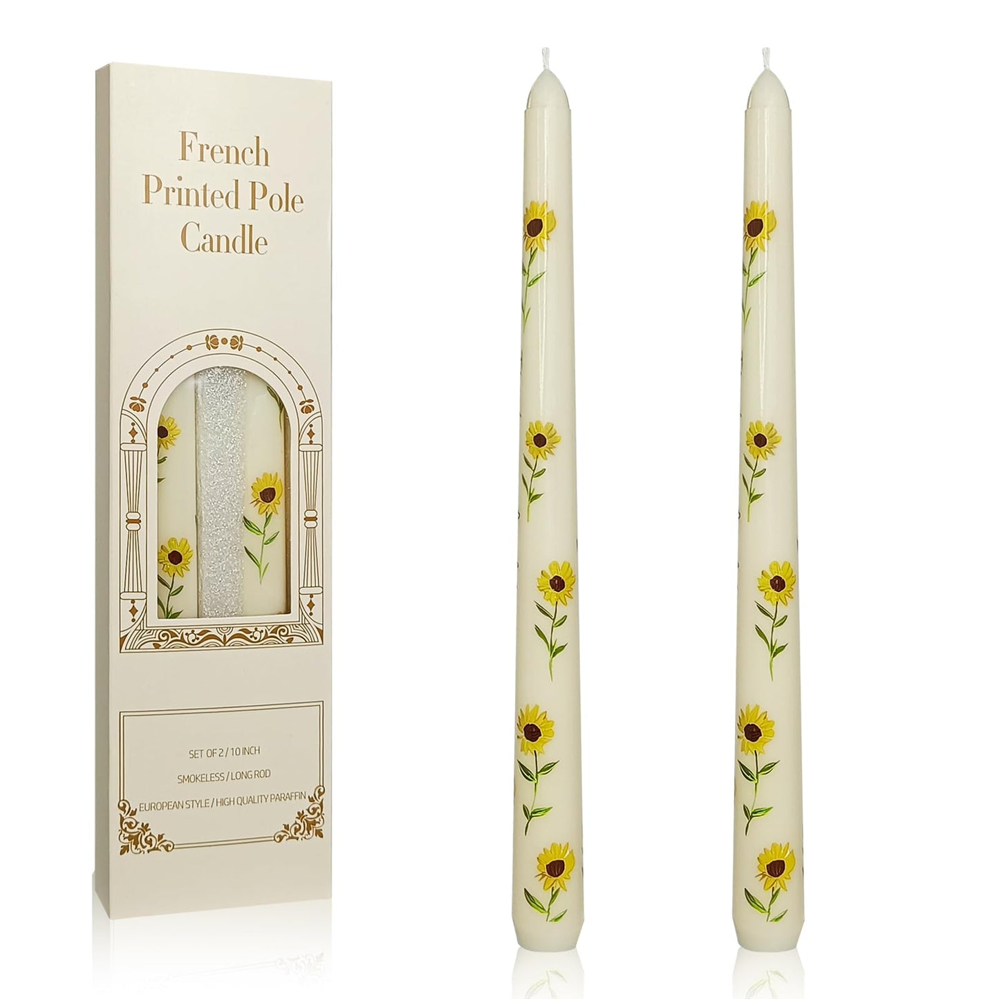 Floral Taper Candles 10 Inch Tall Unscented Handmade Beige Sunflower Print Candles Long Burning Elegant Candlesticks for Wedding Dinner Home Decor