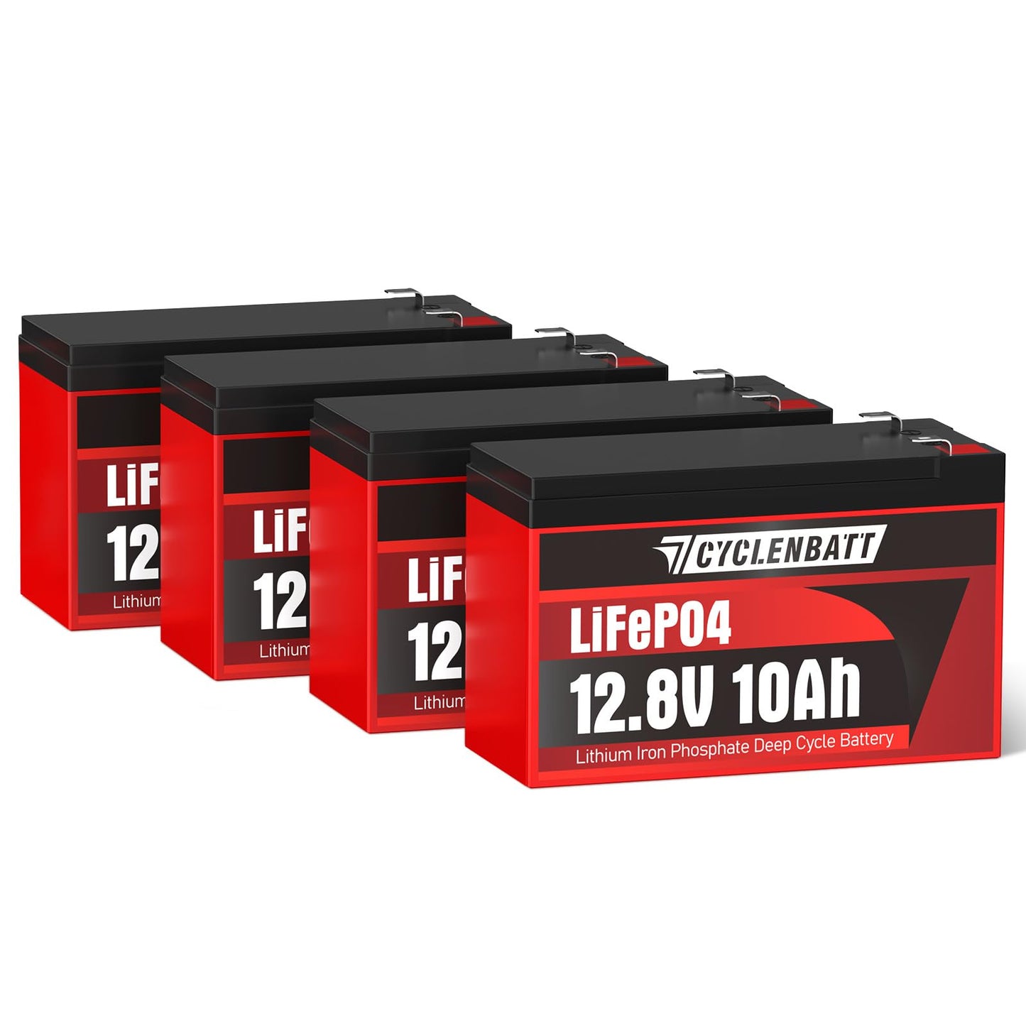 CYCLENBATT 4 Pack 12V 10Ah LiFePO4 Lithium Battery, 5000+ Deep Cycles & 10-Year Life, Lightweight Design with 10A BMS, IP67 Waterproof, Good for Fish Finder, Marine, Solar, Ride-on toy, UPS, HAM Radio