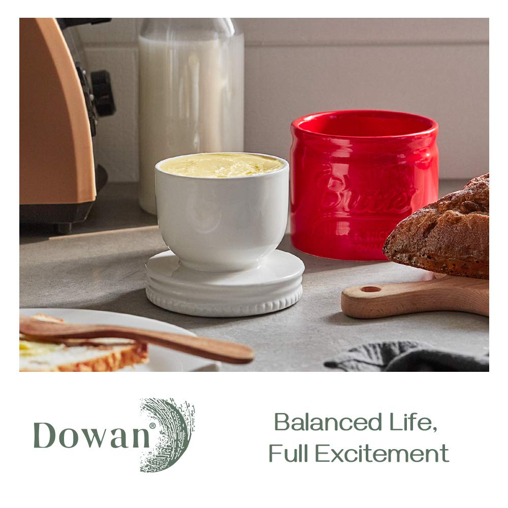DOWAN Butter Dish, French Butter Crock With Lid for Spreadable Soft Butter, Porcelain Butter Keeper With Waterline for Counter, Embossed Butter Container Home Gift Kitchen Decor, Beige