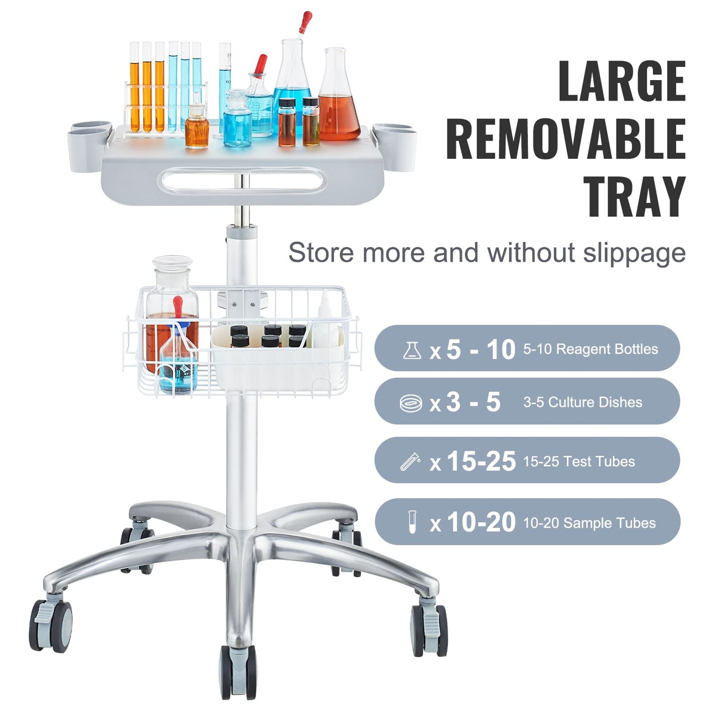 VEVOR Medical Trolley with Wheels - Height Adjustable Gas Lift, Large Tabletop 19"×17", Stainless Steel Rolling Laptop Cart with Storage Basket,Mobile Metal Scanner Cart for Ultrasound/Dental/EKG/Lab