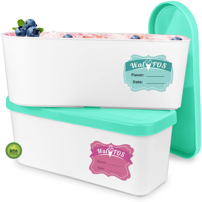 Walfos Ice Cream Containers - 1.6 Quart Each, Reusable Homemade Ice Cream Tubs with Silicone Lids, Stackable Freezer Storage Container for Yogurt, Sorbet, Gelato, Bonus 2 Bands, 12 Stickers, Set of 2