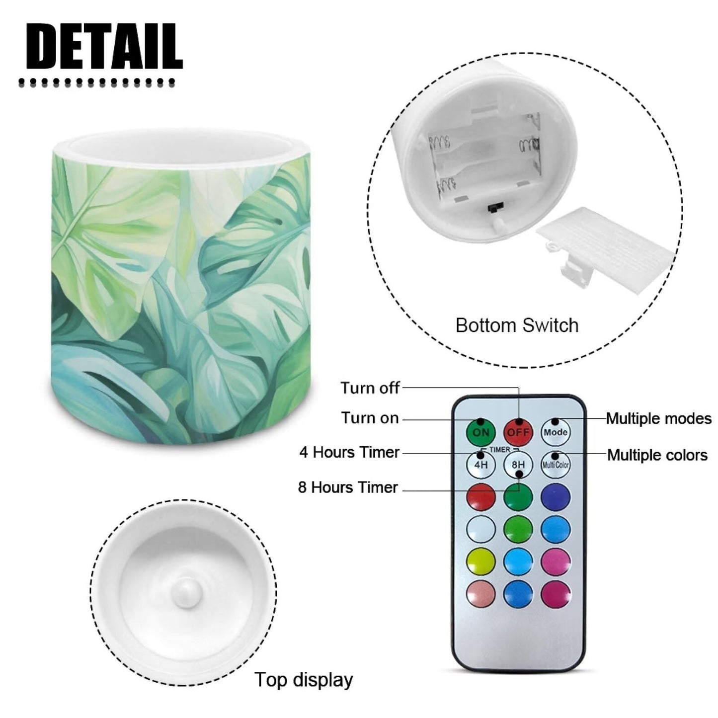 NETILGEN 3 inch Flameless LED Candles with Remote Timer Set of 4 Home Decorative Realistic Flickering Flameless Candles Battery Operated Green Tropical Palm Leaf Print