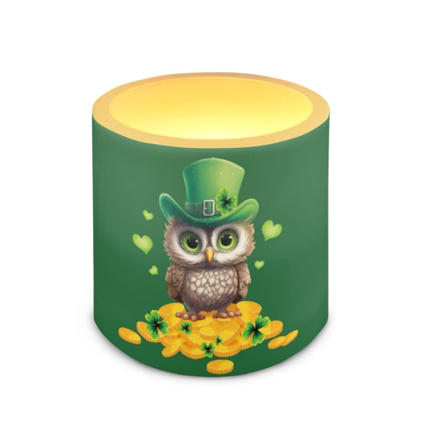 Merkmak 4 Pack Flickering Flameless Candles with Timer and Remote Battery Operated LED Candles St Paddy's Day Tea Lights for Party, Banquet, Home Decoration, Owl Gold Shamrocks Print